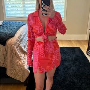 Free People Miki Pink & Red Tie Top Mini Dress Medium